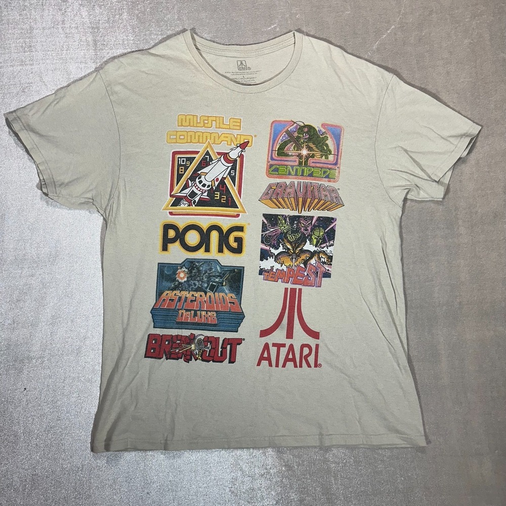 Atari Graphic T-Shirt Size Large Beige Retro Video Game Tee Pong Asteroids